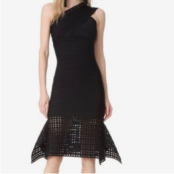 Herve Leger Sleeveless Asymmetric Knee Length Fishtail Dress Black Women's XS - Picture 1 of 6